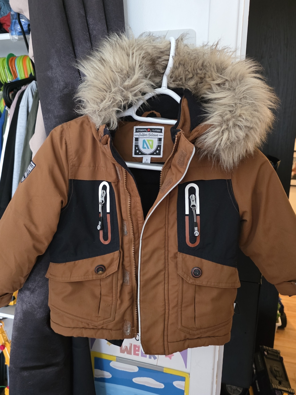 Nano Brown and Black Puffer Jacket with Faux Fur Hood
